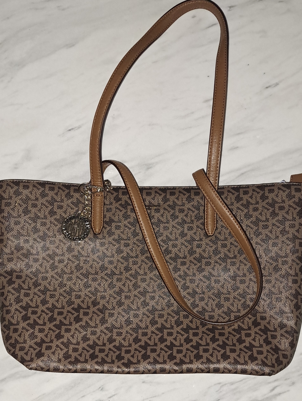 DKNY Brown Monogram Tote with Tan Leather Trim